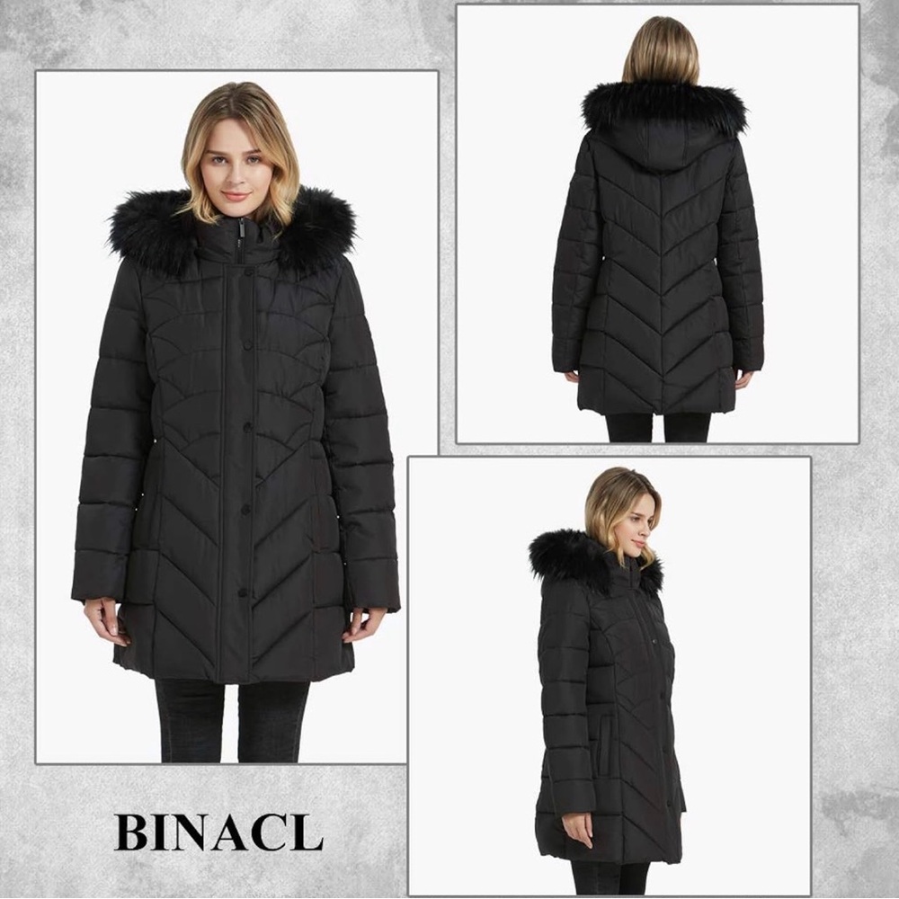 Women's Black Faux Fur Trim Hooded Puffer Coat - Picture 3 of 5